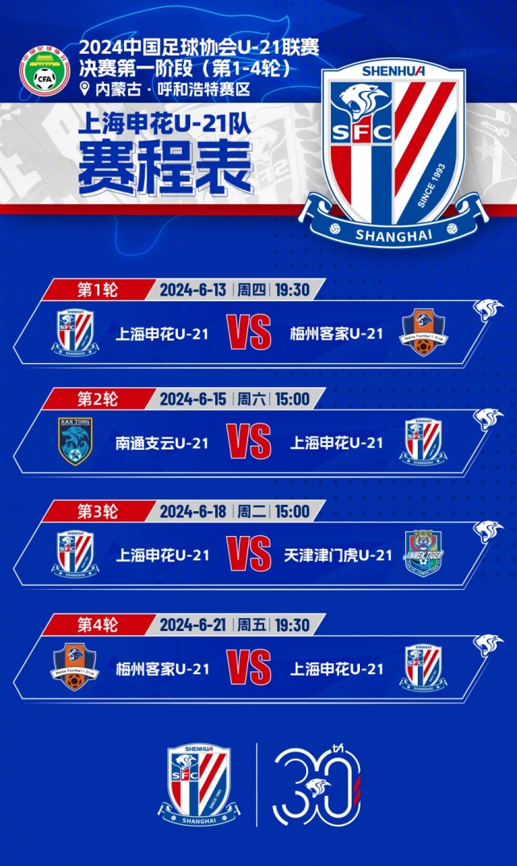 U21联赛决赛阶段将于6月13日开赛，为上海申花U21队加油